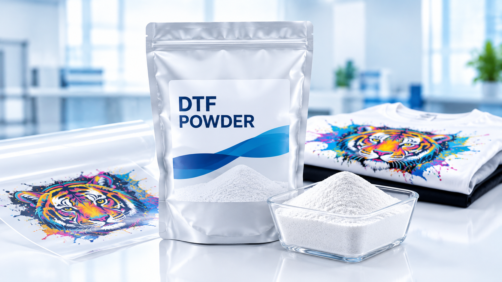 DTF hot melt adhesive powder on printed PET transfer film