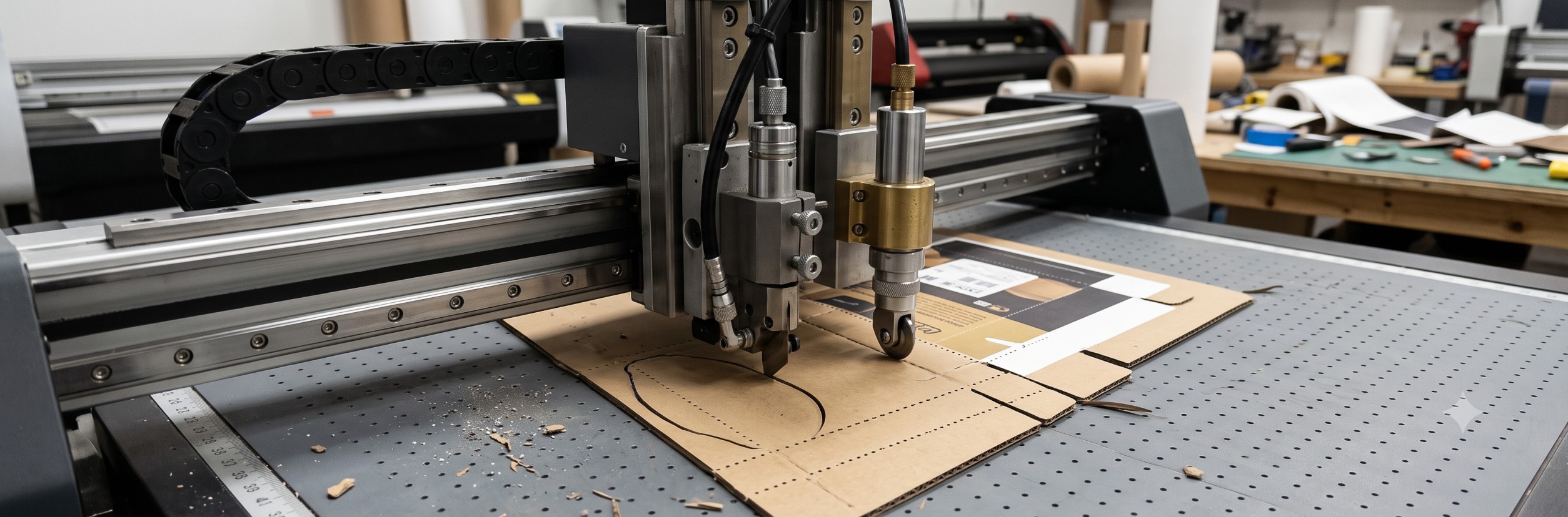 dual head plotter cutting and creasing cardboard box in one pass