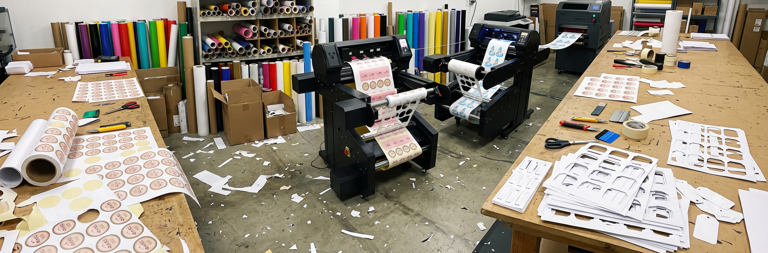kiss cut labels peeling from liner on roll to roll plotter