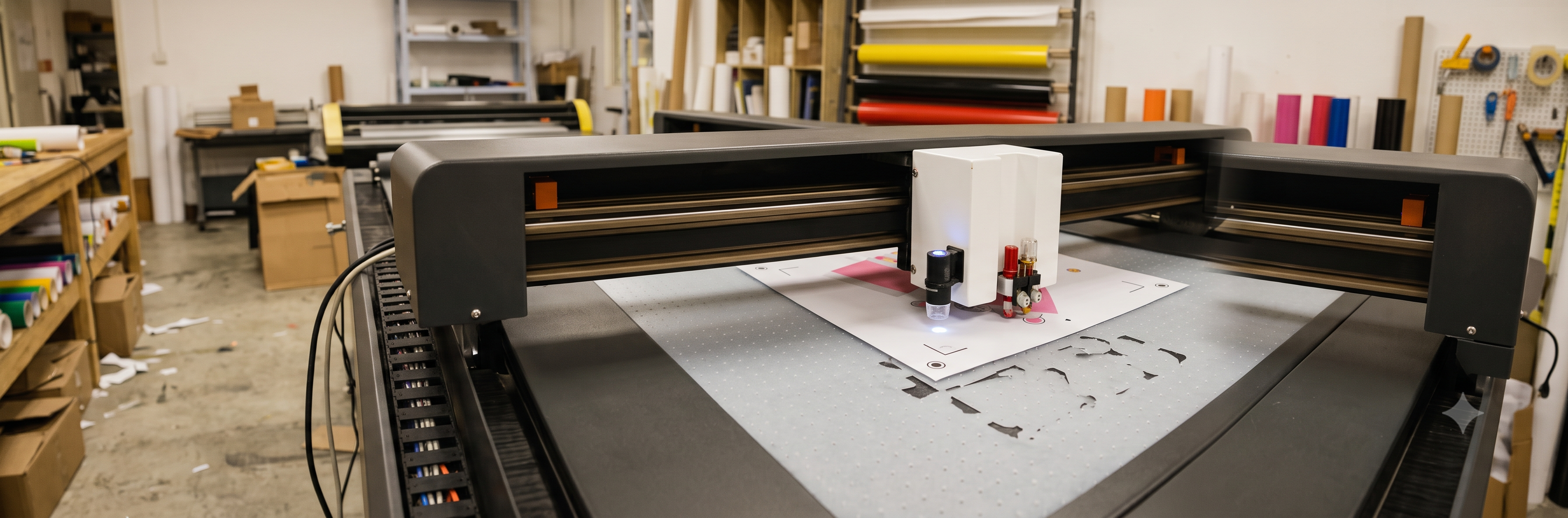 flatbed plotter camera reading registration marks on printed sheet